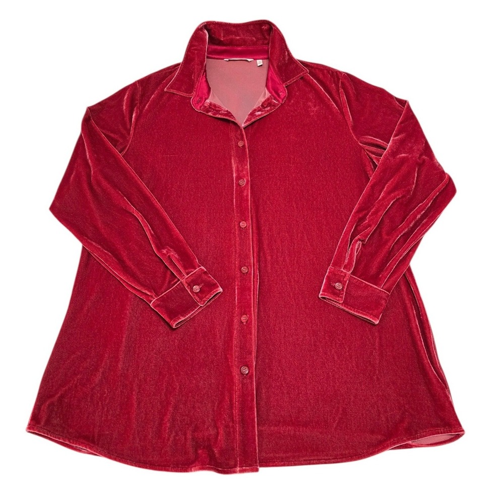 Soft Surroundings Red Velvet Button Down Tunic Top XL Long Sleeve Holiday 29695